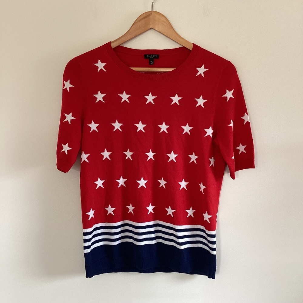 Talbots Patriotic Flag Sweater Sz M Petite Stars Stripes Red White Blue July 4th